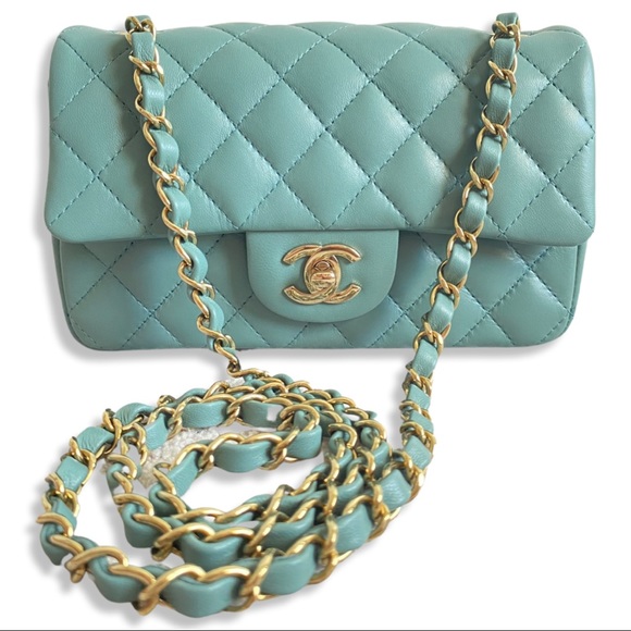FULL SET - CHANEL Mini Classic Handbag (Blue / Turquoise with Champagne Gold HW) - Picture 5 of 13